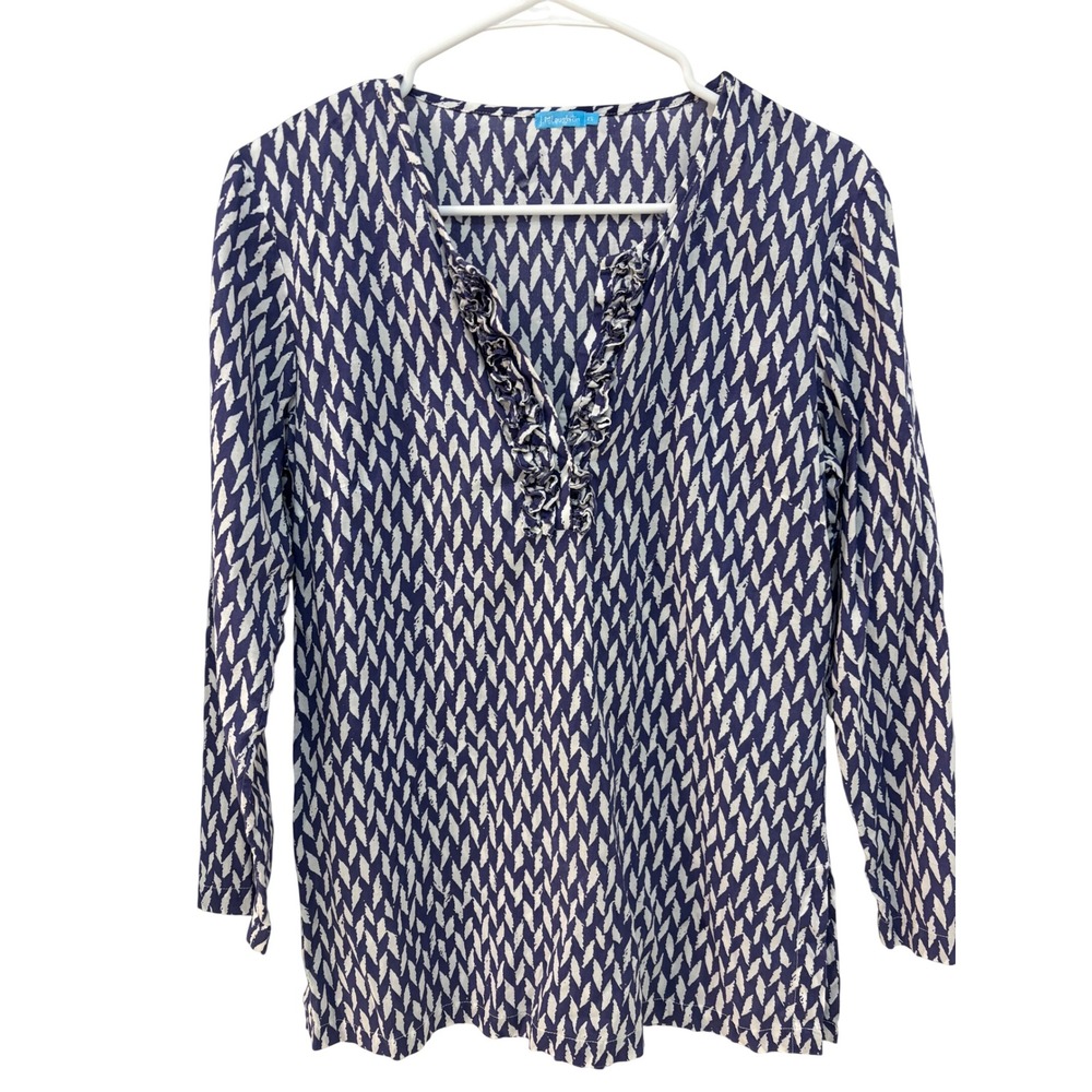 J.McLaughlin Womens XS Navy Blue White Geometric Ruffle V-Neck Cotton Blouse Top